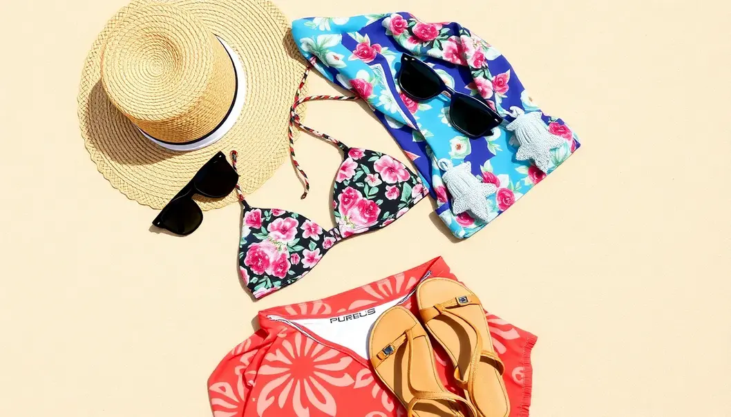 A collection of essential beach vacation items for style and comfort.