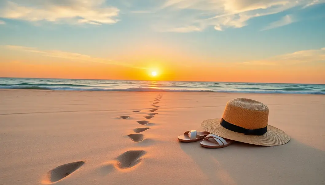 Beach sunset with footprints leading to sandals and a straw hat, embodying beach vacation style.