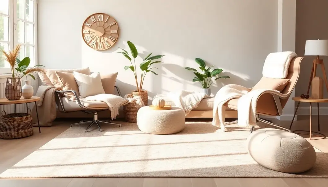 A living room with welcoming decor and soft materials.