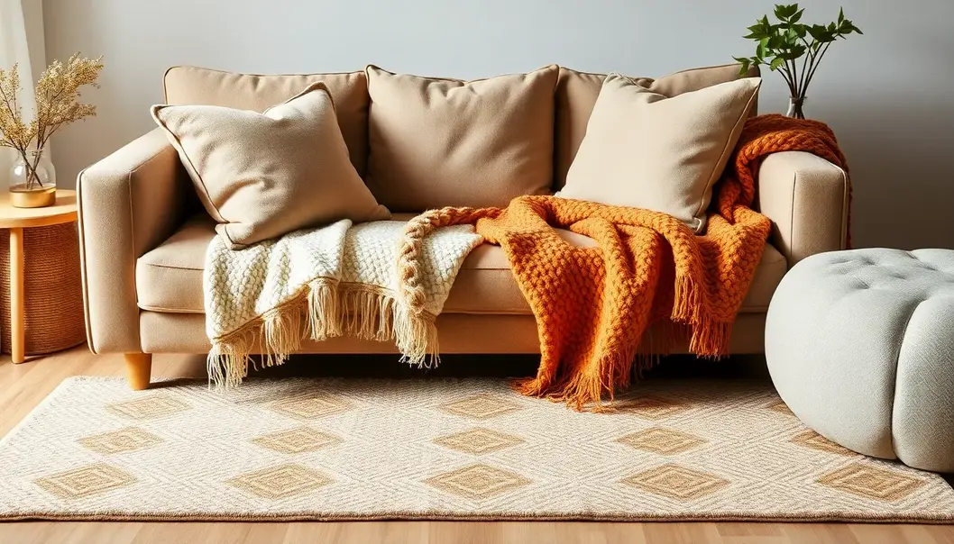 A living room full of soft textures and warm colors.