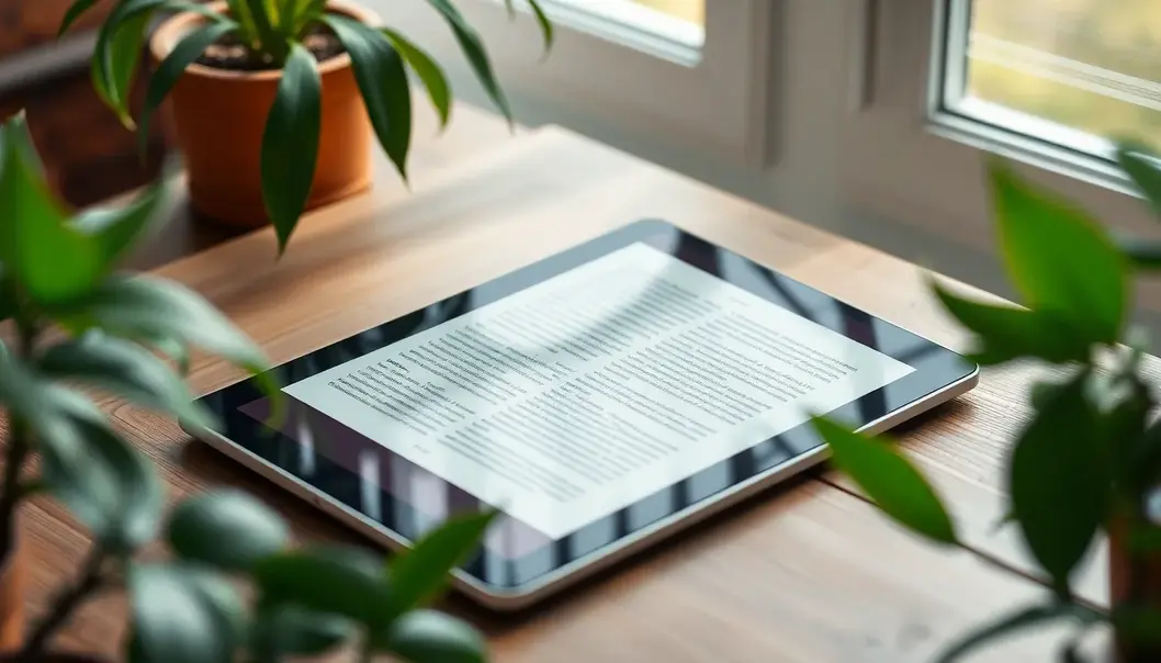 A tablet with a digital library on-screen surrounded by green plants and natural light, symbolizing digital reading in serene settings.
