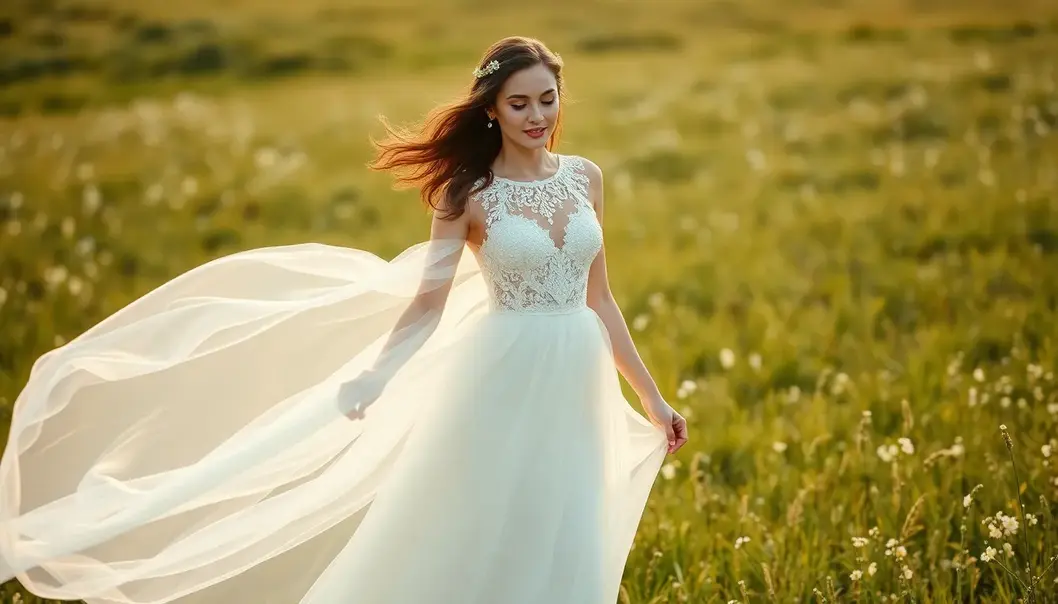 An ethereal bridal dress exuding elegance with its flowing silk and delicate lace.
