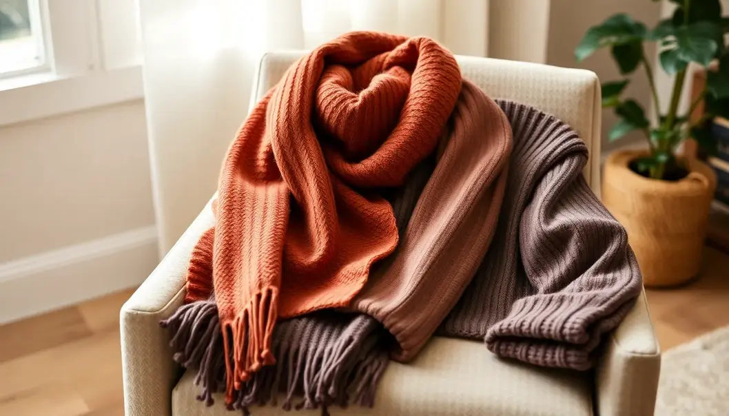 Cozy chair with neatly arranged fall clothing items in warm colors.
