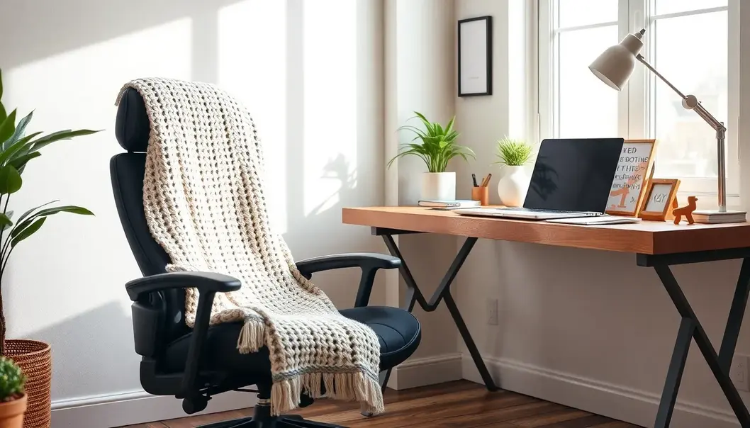 A serene home office with an ergonomic chair and cozy decor.