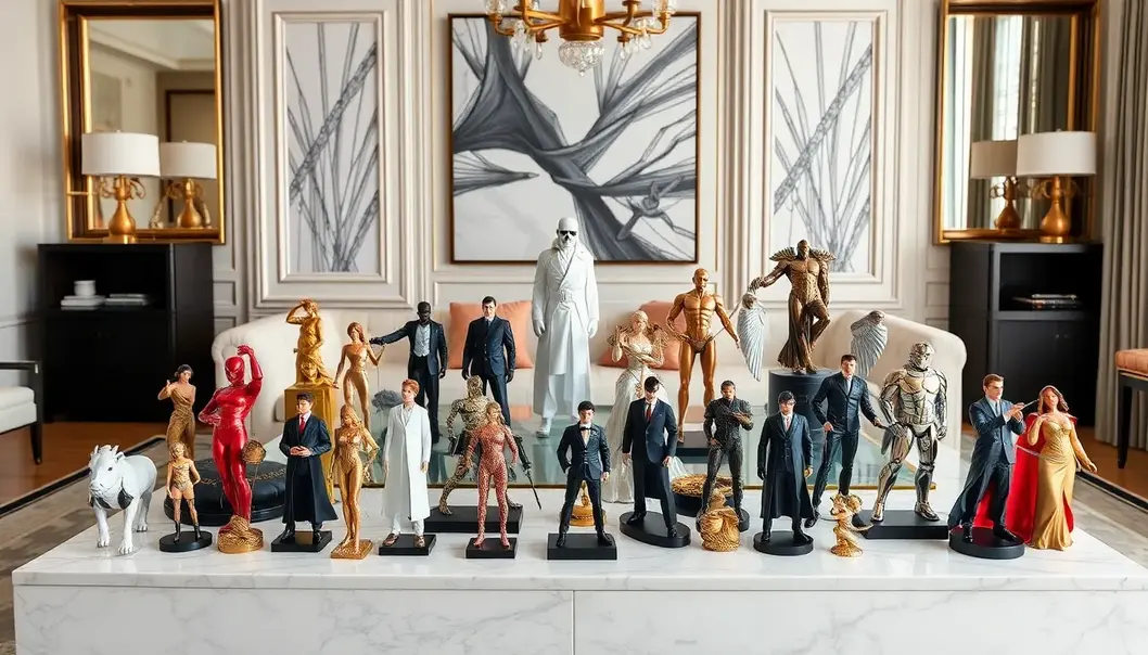 Luxury collectible figures on marble display in an opulent living room.