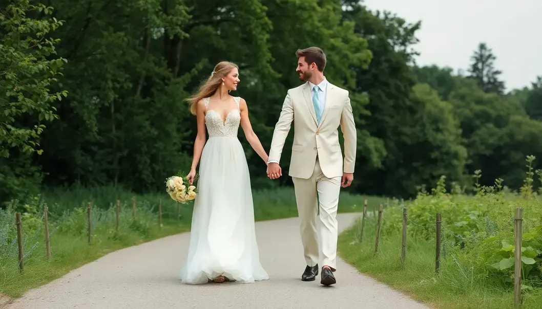A couple in a bridal gown and pastel suit walking through lush greenery.