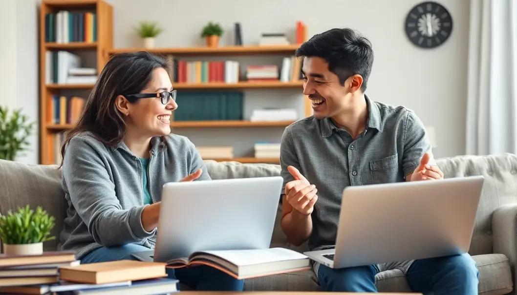 Supportive parent and teenager having a positive discussion in a home setting.