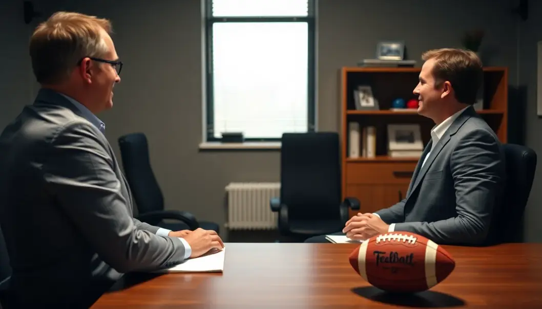 Interview setting with sports motifs, linking sports to career success.