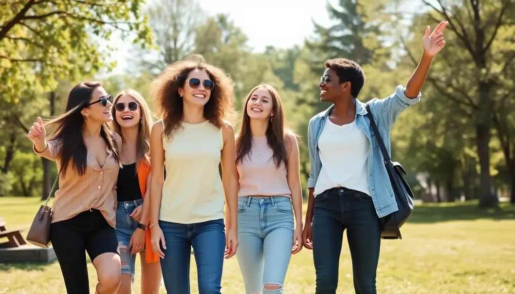 Group of friends laughing in a park, all wearing stylish casual outfits.