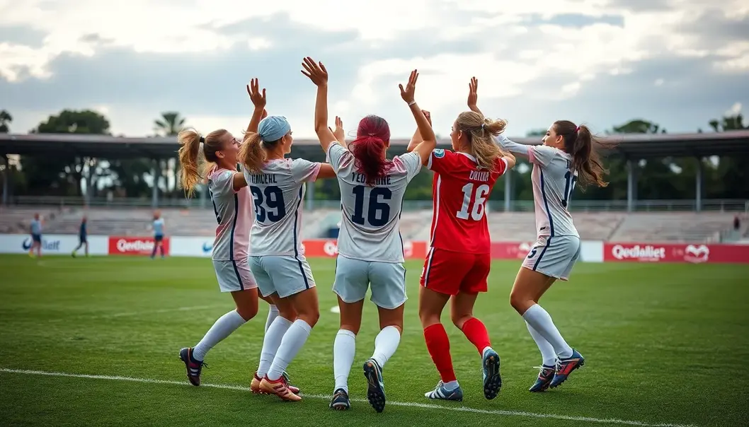 Female soccer players celebrating a goal, embodying unity and diversity.